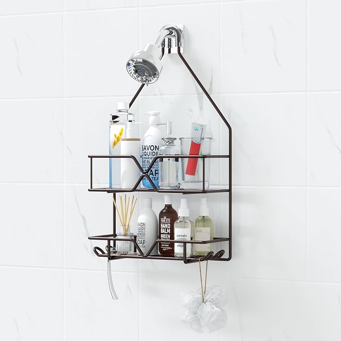 TreeLen Shower Caddy over Shower Head Hanging Bathroom Caddy for Bathroom Organizer 4 Hooks Shampoo Holder-Bronze