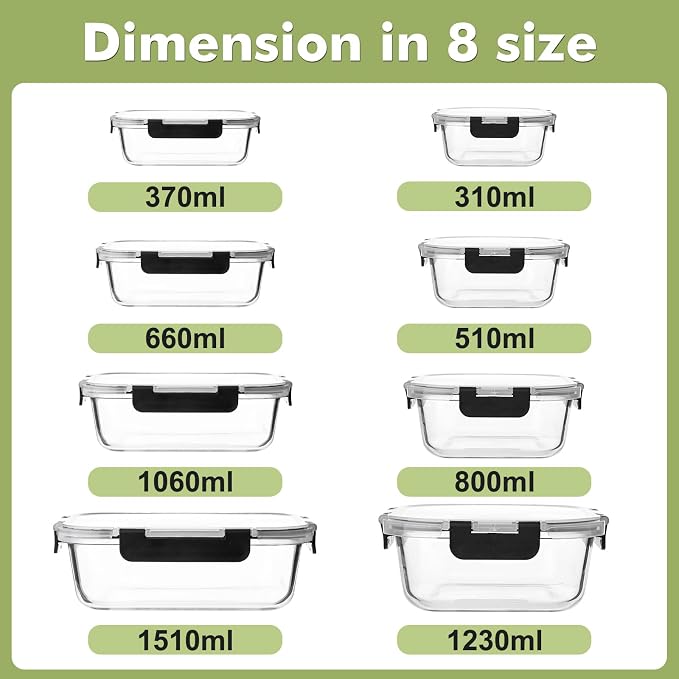 Liuruiyu 8 Pack Glass Food Storage Containers with Lids, Meal Prep Containers, Airtight Bento Boxes with Leak Proof Locking for Microwave, Oven, Freezer and Dishwasher, BPA Free