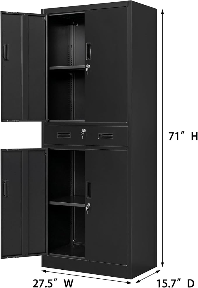 CJF 71" H Tall Metal Storage Cabinet with Drawer, Locking Garage Cabinet with 2 Adjustable Shelves, Heavy-Duty Tool File Storage Cabinets for Home Office, Kitchen, Warehouse, Shop (Black)