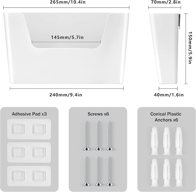 JOMOLA No Drilling File Holder 3 Pack Mail Organizer Wall Mount File Organizer Holder Office Wall Hanging Files Magazines Organizer Plastic Door Mount Wall Pocket with Adhesive Pad, White Color