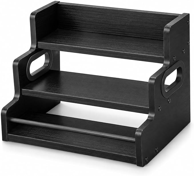 3 Tier Spice Rack Organizer for Cabinet, Wood Spice Shelf Storage, Kitchen Seasoning Organizer for Kitchen Countertop or Pantry, Spice Bottles, Bottles, Black