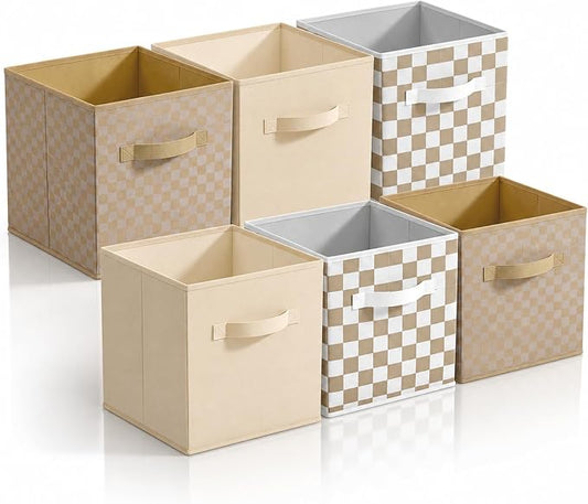 6 Pcs 11 Inch Gingham Fabric Storage Cube Bin Woven Foldable Checkered Storage Cube for Classroom Basket Bin Organizer with Handle Decor for Organizing Clothes, Toy, Book