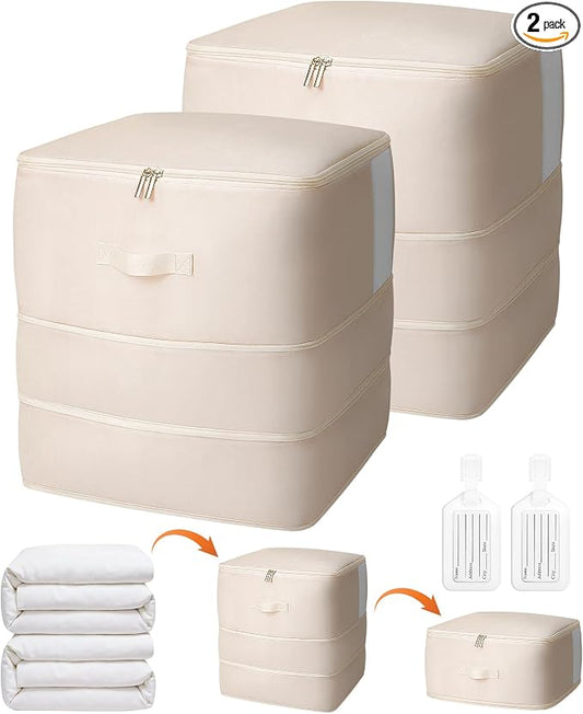 2 Pack Comforter Storage Bag, 136L Blanket Storage Bags Self Compression Comforter Organizer and Storages, Space Saving Washable Compression Bags for Blanket Bedding Pillow Duvet Quilt, Beige