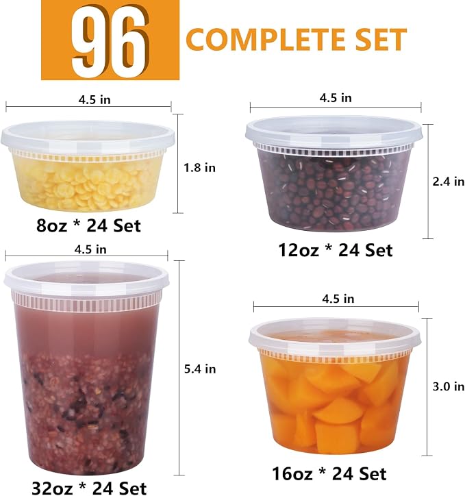 96 Pack (192-Piece) Deli Containers with Lids, 32/16/12/8 oz X 24 Set Each, Leak-Proof & BPA Free Airtight Takeout Plastic Food Storage Containers for Soup, Meal Prep, Microwave/Freezer Safe