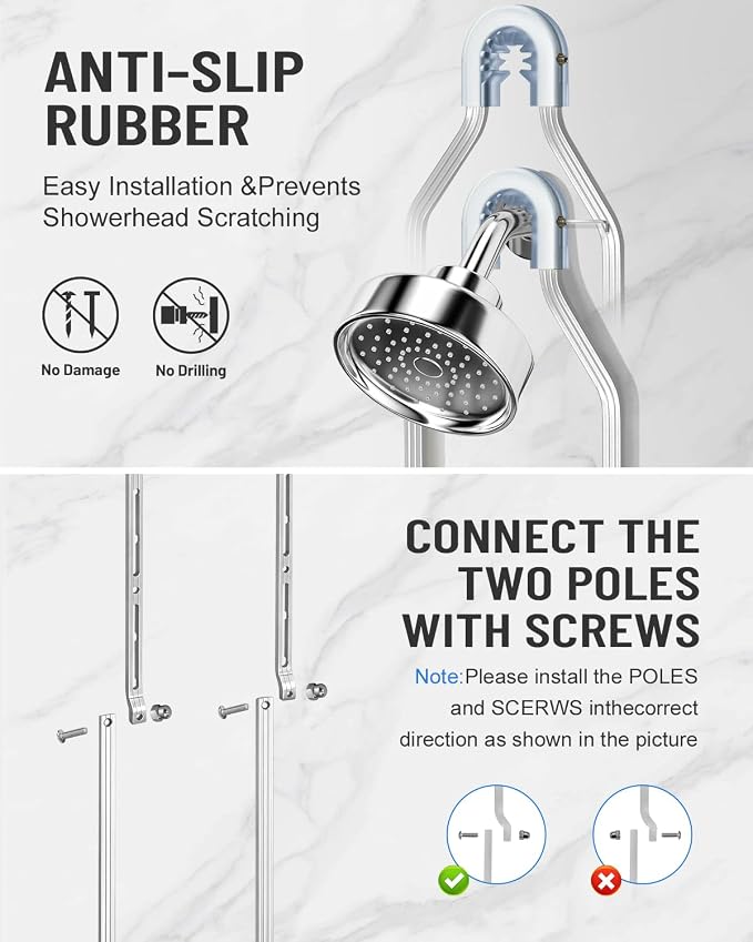 Adjustable Shower Caddy Hanging for Handheld Showerheads - Upgraded Never Rust Shower Hanging Organizer, Bathroom Shower Rack with Soap Basket, Hooks and Toothbrush Holder (Shiny Silver)