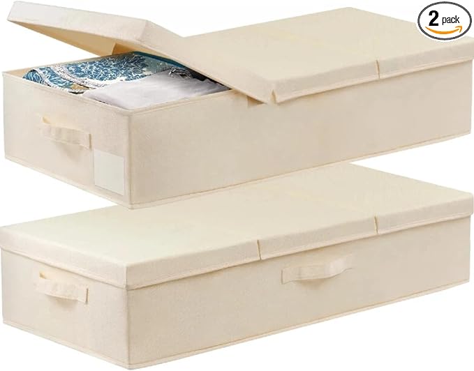 punemi 6 in Tall Underbed Wedding Dress Preservation Box, 2 Pack, Beige | With Lids & 3 Handles, for Wedding Gowns Evening Gowns & Heirlooms, Closet & Bedroom Organization
