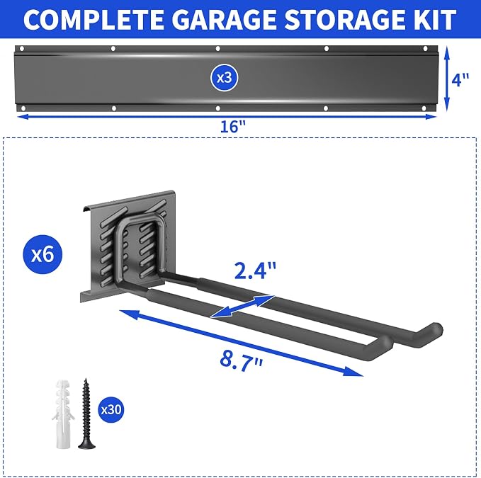 Garage Tool Organizer Wall Mount, 48 Inch Heavy Duty Garden Tool Organizer Storage System, Easy Install with 6 Adjustable Straight Hooks, for Garage, Basement, Shed, Workshop, Black, Steel