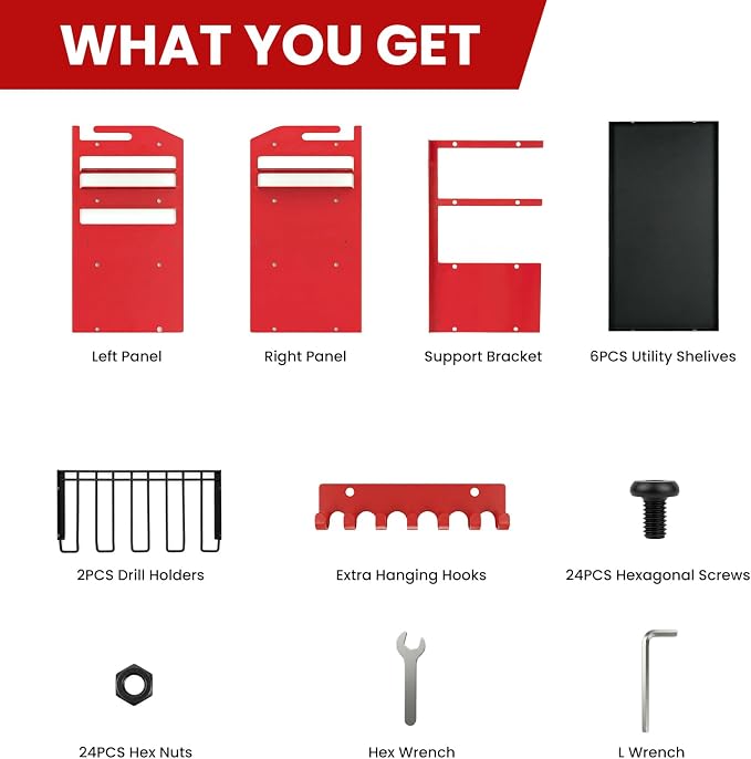 Power Tool Organizer Wall Mount, Standard Edition, RED | Heavy Duty 600 Lbs Metal Tool Storage Rack, 4-Tier Garage Drill Holder & Workshop Battery Management Station