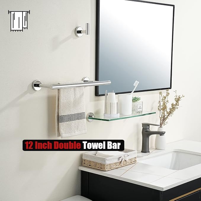 JQK Double Towel Bar Chrome, 15 Inch 304 Stainless Steel Thicken 0.8mm Towel Rack Holder for Bathroom Washcloths and Hand Towels, Polished Steel Wall Mount, Useable Length 12 Inch, TB100L12-CH