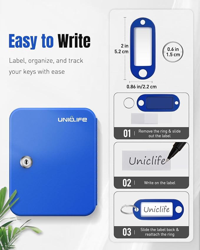 Uniclife 20 Keys Key Lock Box, Wall Mount Key Box, Lock Box for Keys, Key Lockbox with Tags, Key Cabinet, Key Holder Storage Box for Home Office & Company, Blue