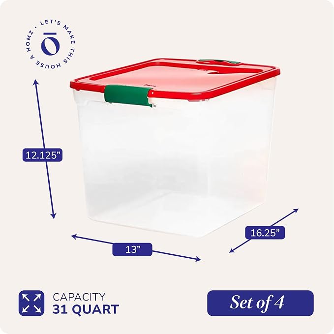 HOMZ Holiday Clear Plastic Storage Container with Latching Handles | Large Stackable Organization Container for Home, Garage, and Office Organization