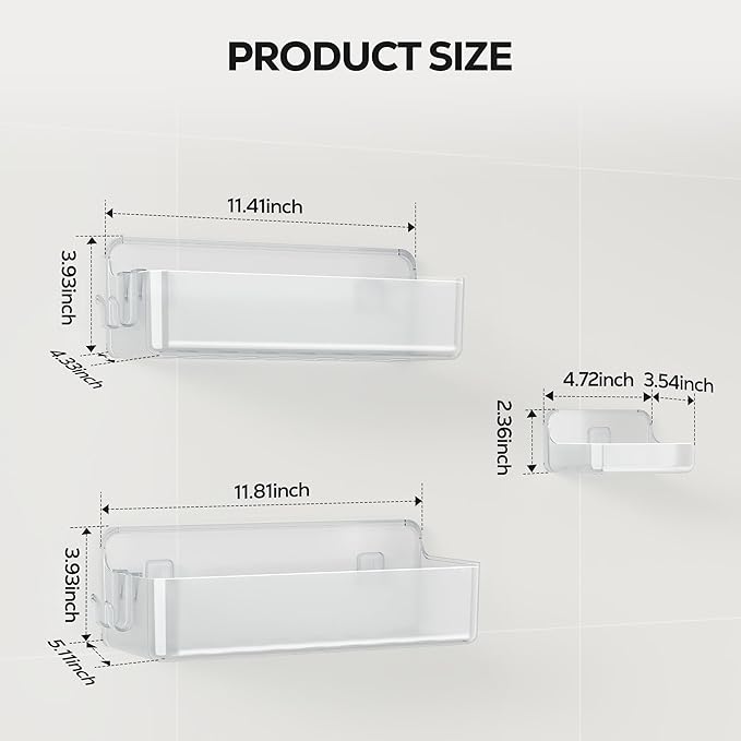 Nieifi Adhesive Shower Shelves, Clear, 3 Pieces | Rustproof ABS, Large Capacity, Removable Design, Easy-Clean, No Drilling Shower Organizer for Bathroom Storage & Home Decor