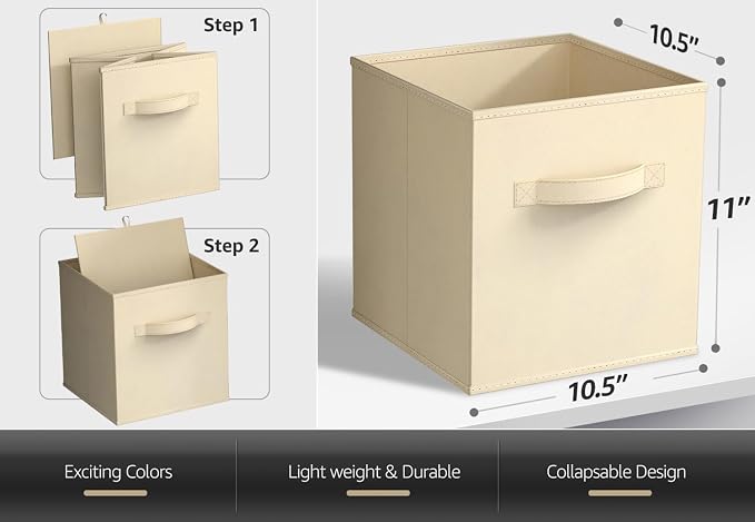 Sorbus Foldable Storage Cubes - 6 Fabric Baskets for Organizing Pantry, Closet, Shelf, Nursery, Playroom, Toy Box - 11 Inch Dual Handle Collapsible Closet Organizers and Storage Bins (Beige)
