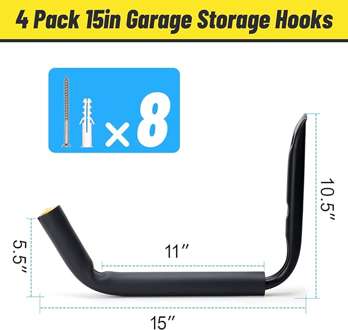 GEEDAR Heavy Duty Garage Storage Hooks -120 LB Capacity, 4packs, 15" Wall Mounted Rack for Hanging Kayak, Paddle Board, Ladders, Bikes Enforced Kayak Storage Hanger
