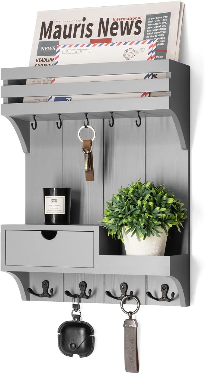 Rebee Vision Key Holder Wall Mount with Drawer & Shelf for Entryway, Gray | Key Holder for Wall, 9 Key Hooks, Floating Shelf, Drawer Organizer, Mail Organizer, Trendy Home Decor, Room Decor Aesthetic