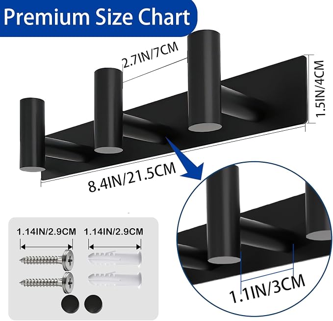 Matte Black Coat Rack Wall Mount - 3 Hooks, Heavy Duty Stainless Steel Wall Hooks for Towels, Coats, Robes, Bags, Hats, Keys, Wall Coat Hanger for Bathroom, Entryway, Kitchen, Hotel, Bedroom, Office