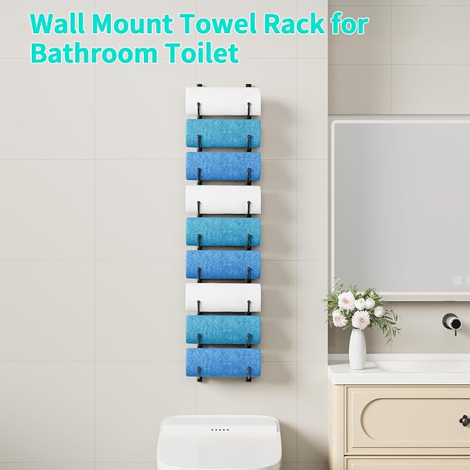 HapiRm Rolled Towel Racks for Bathroom - 9-Tier Over The Door & Wall Mounted Bathroom Towel Storage, Hanging Metal Organizer for Towels & Bath Sheets, Space Saving Rack for Bathroom, Camper, RV, Black