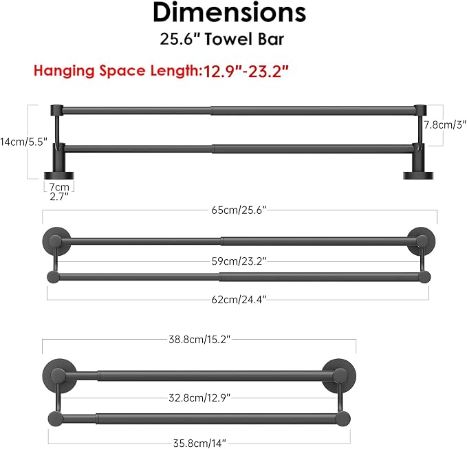 BESy Double Towel Bar Towel Rack for Bathroom Bath Wall Mounted Matte Black | Adjustable 16-26 In,Wall Mounted Towel Holder, Stainless Steel, Rustproof, Towel Bar Rod Hanger Hardware Accessories Hotel