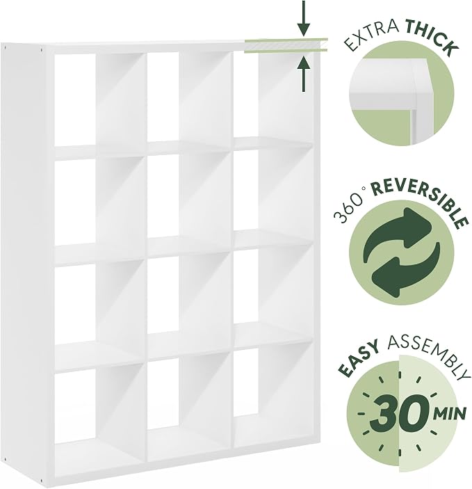 Furinno Cubicle Book Shelf, 12-Cube Bookshelf, Extra Thick Frame Reversible Bookcase with Open Back, 14.6" x 44" x 58", for Living Room, Bedroom, Home Office, White