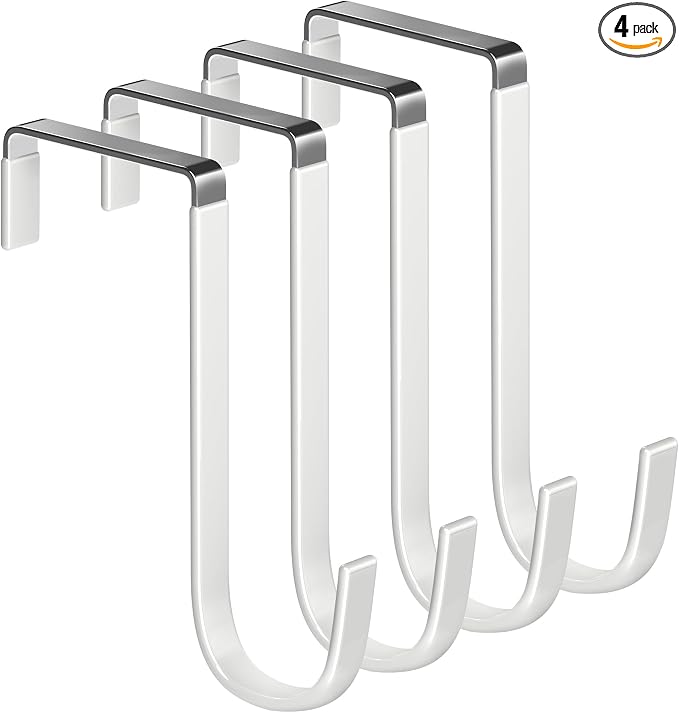 Single Over Thick Front Door Steel Hooks 4 Pack Fit 2" Door 5.5" White | Plastic Coated Rubber Feel Towel Rack Robe Coat Shoe Wreath Hanger No Damage No Scratch for Bathroom Heavy Duty Thin Top