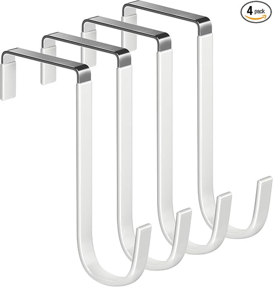 Single Over Thick Front Door Steel Hooks 4 Pack Fit 2" Door 5.5" White | Plastic Coated Rubber Feel Towel Rack Robe Coat Shoe Wreath Hanger No Damage No Scratch for Bathroom Heavy Duty Thin Top