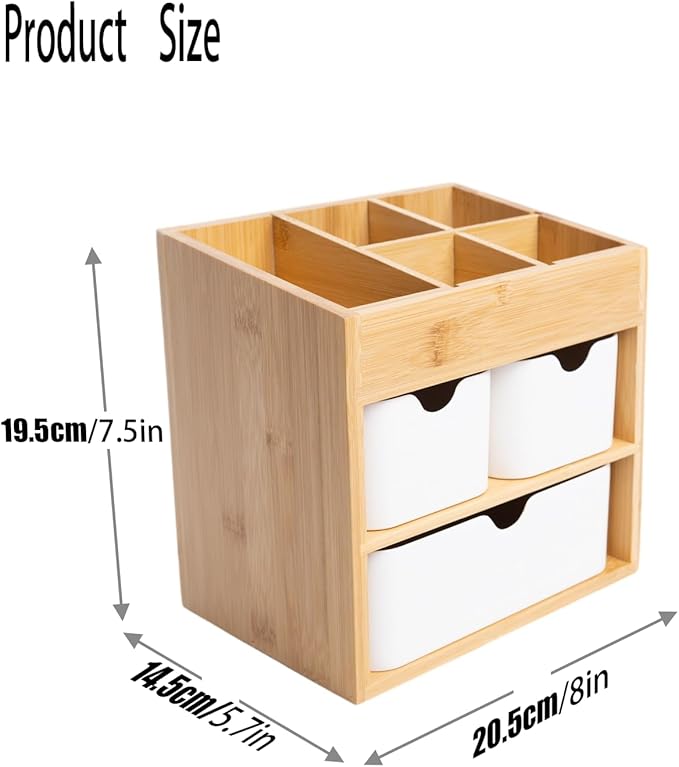 Small Bamboo Makeup Organizer（5.7" D x 8" W x 7.5" H） | Dresser Cosmetic Organizer Box Bamboo Desk Organizer for Home, Adjustable Dividers 3 Drawers