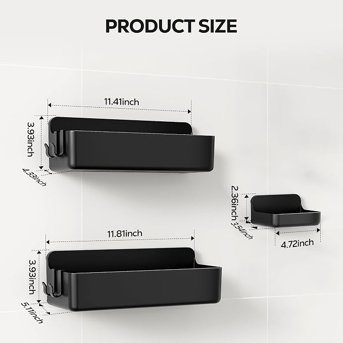 Nieifi Adhesive Shower Shelves, Black, 3 Pieces | Rustproof ABS, Large Capacity, Removable Design, Easy-Clean, No Drilling Shower Organizer for Bathroom Storage & Home Decor