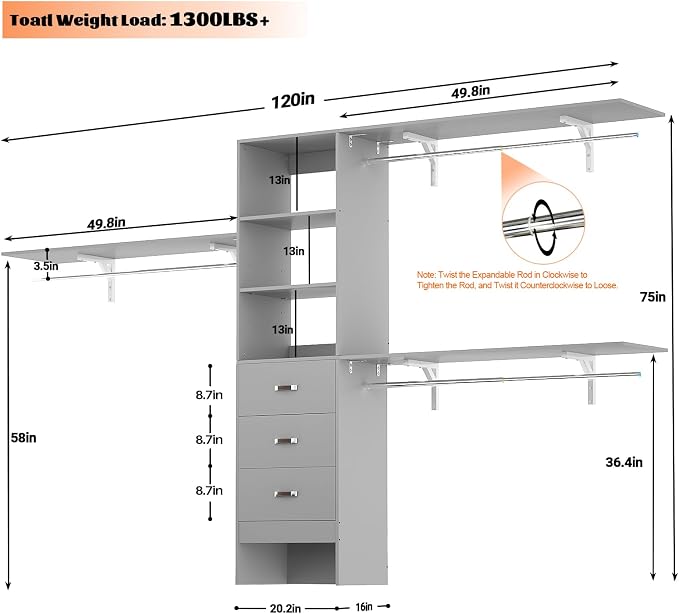 120 Inches Closet System, 10FT Walk In Closet Organizer with 3 Shelving Towers, Heavy Duty Clothes Rack with 3 Drawers, Built-In Garment Rack, 120" L x 16" W x 75" H, Max Load 1300 LBS, Grey