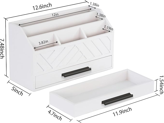 dreampossible Wood Desk Organizer and Accessories with Drawer, Bill Mail Organizer and File Mail Holder for Office Supplies, Modern Desk Accessories & Workspace Organizers for Desk Organization