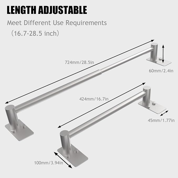 Adjustable Towel Bar, 16.7inch to 28.5inch Towel Racks for Bathroom, Self Adhesive Towel Rack Wall Mounted, 304 Stainless Steel Stick on Bathroom Towel Rod (Brushed Nickel, 2 Pack)