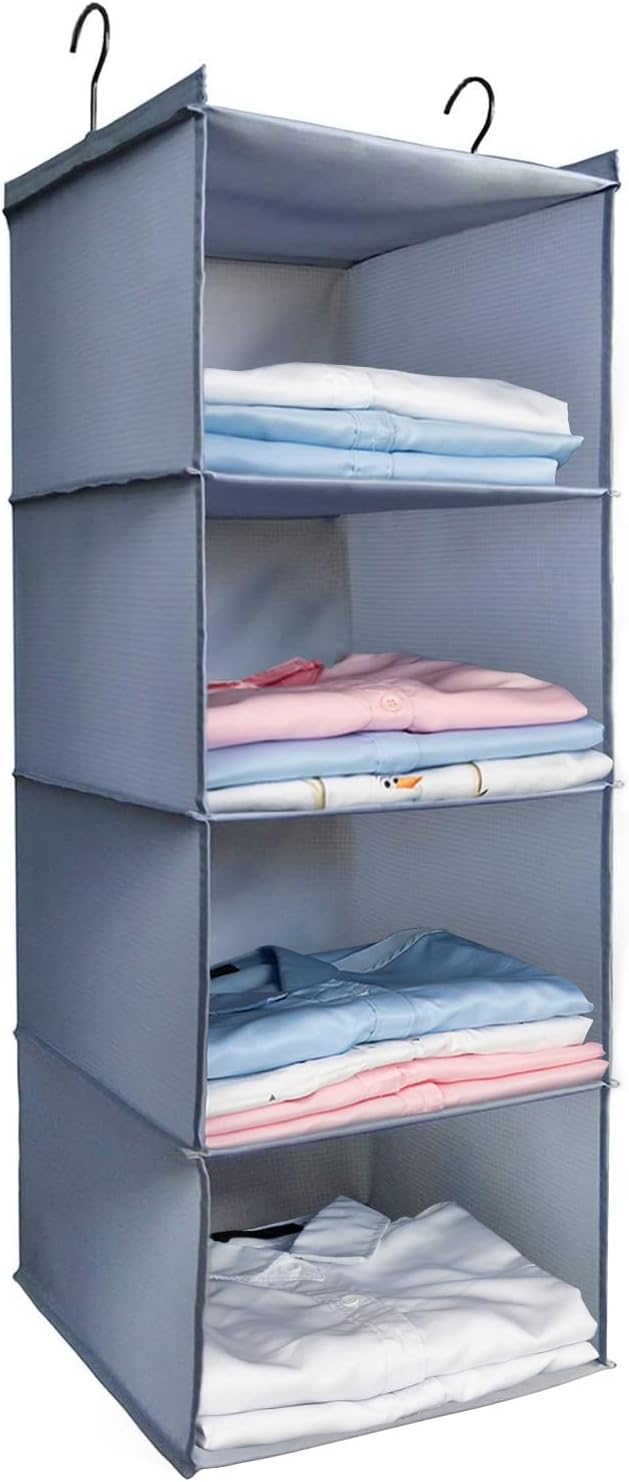 Hanging Closet Organizer 4-Shelf, Oxford Fabric Wardrobe Storage, Gray | Easy-mount foldable design holds clothes, handbags, shoes & accessories; washable Oxford fabric, sturdy and space-saving.