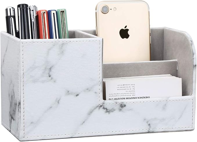 Desk Organizer Office Supplies Caddy Pu Leather Multi-function Storage Box Pen/Pencil,Cell phone, Business Name Cards Remote Control Holder Gray Marble