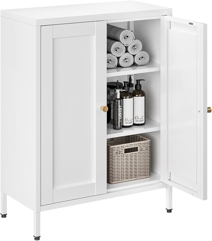 Bevivog Metal Bathroom Floor Storage Cabinet, Small Storage Sideboard with 2 Doors and 2 Adjustable Shelves, 12" Small Cabinets White Freestanding Locker for Entryway, Living Room, Hallway