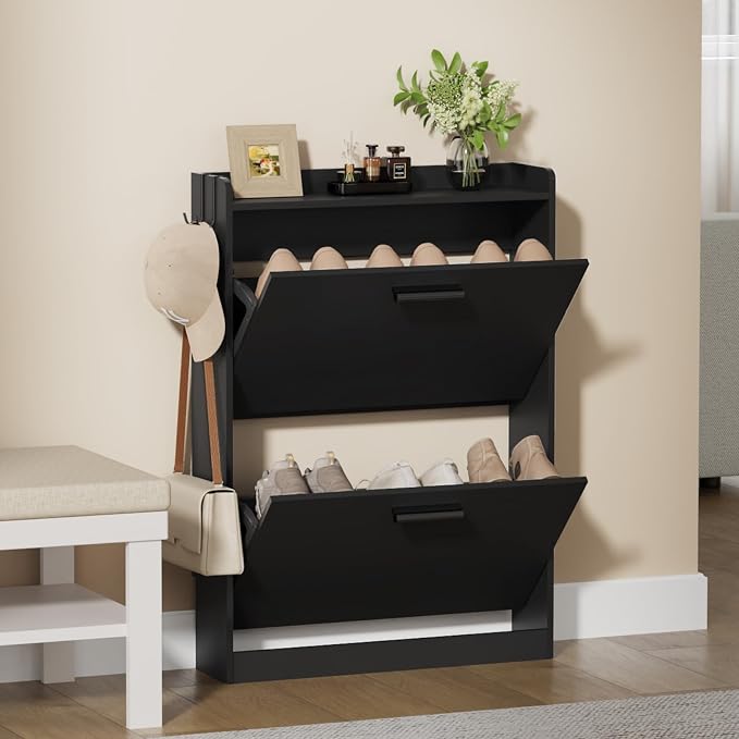 Shoe Cabinet Organizer with 2 Flip Drawers,Narrow Shoe Rack 23.6" W White | Freestanding shoe storage cabinet for entryway,foyer and hallway,slim design and space-saving flip drawers