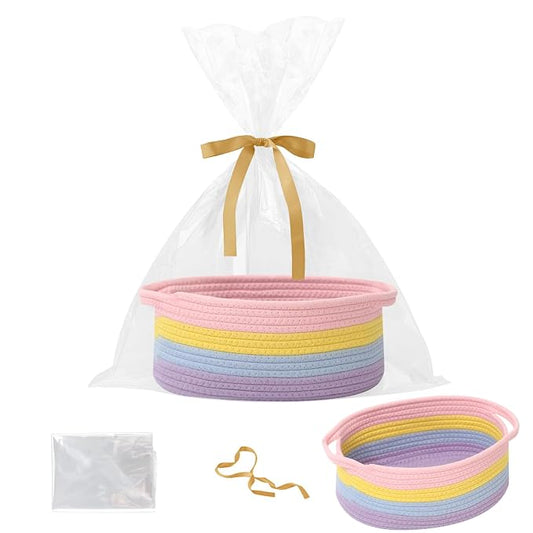 Woven Rope Basket,Baby Gift Basket with Bag & Ribbon, Rainbow | Cotton rope with handle, 12x8x5 in, gift bag and ribbon, for baby shower, birthday, toy storage, nursery, shelf decor