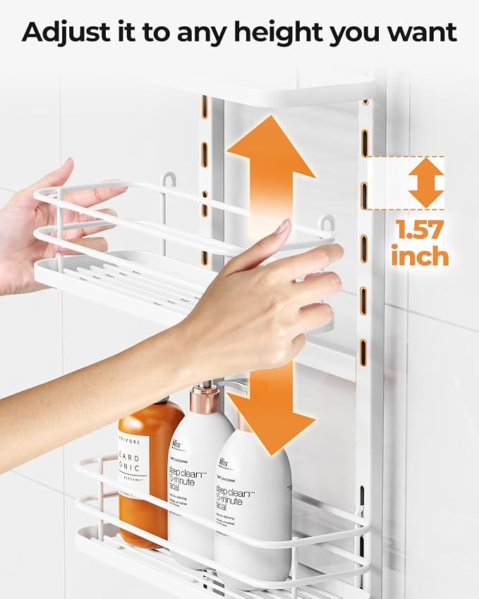 ODesign 4 Tier Adjustable Shower Rack Hanging Over Head Anti-Swing White | Shower organizer hanging,no drilling required,comes with removable hook and storage box, suitable for indoor showers
