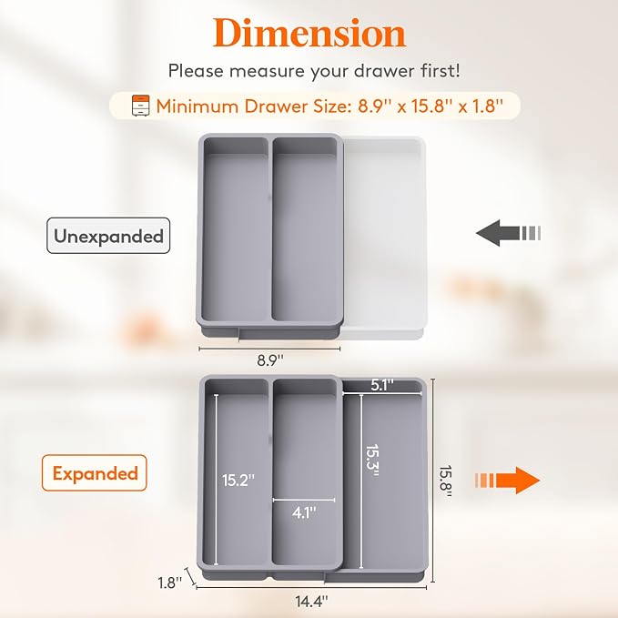 Lifewit Utensil Organizer for Kitchen Drawer, Expandable Cooking Silverware Tray, Adjustable Cutlery Flatware Holder, Plastic Spatula Tools Storage Divider, 14.4 x 15.8", Gray