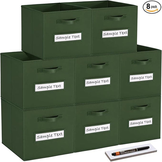 Fabric storage cubes (8 Pack) 13 Inch Cube Storage Bin, cube organizer bins with 8 Labels Window Cards & a Pen, Foldable cube organizer bins and Storage Box, Dark Green