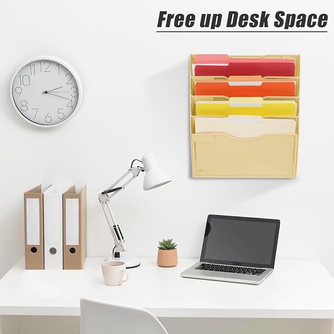 EASEPRES 5 Pocket Mesh Hanging Wall File Organizer, Wall Mounted Mail Paper Document Folder Holder, Clipboard Storage Organization Magazine Rack with Nametag Label for Office Home School, Gold