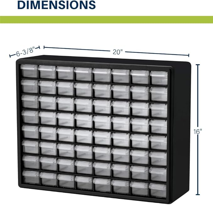 Akro-Mils 64-Drawer Plastic Drawer Storage Cabinet for Garage Organization, Bead Organizer, Building Bricks Storage, Teacher Toolbox, Makeup Organizer, 20-Inch W x 6-Inch D x 16-Inch H, 10164 White