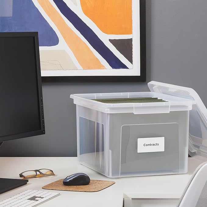 STAPLES Plastic File Box with Snap Lid, Letter/Legal Size, Clear, 2/Pack | Stackable storage box keeps hanging files organized and protected.
