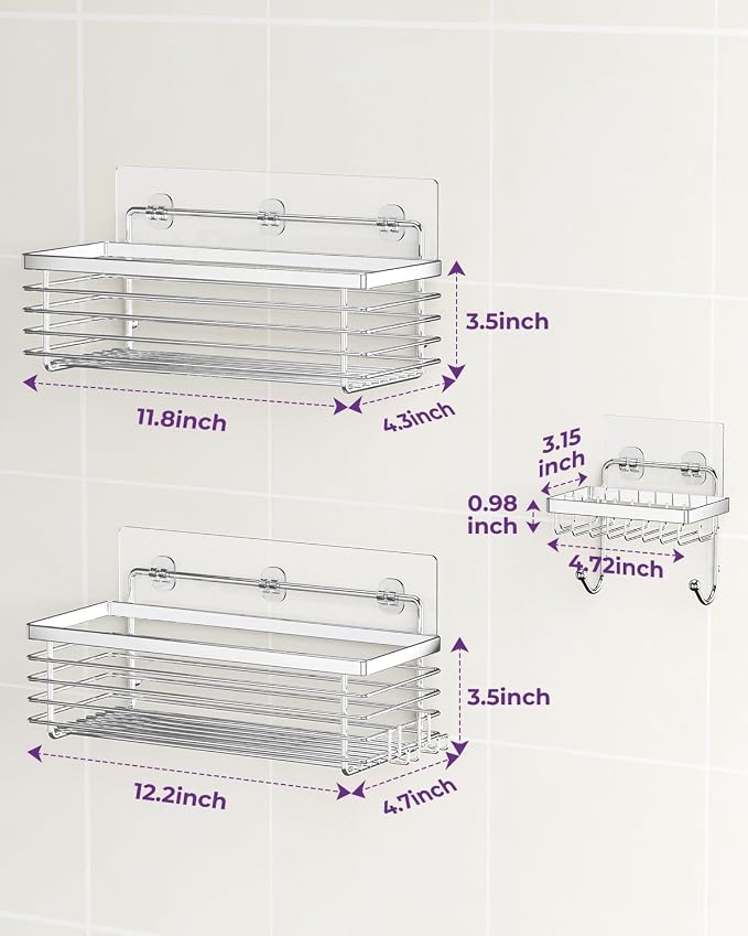 Shower Caddy Adhesive 3 Pack Stainless Steel Storage Organizers-Silver | No drilling wall mounted,rust-resistant,large capacity,quick drainage,easy to clean,suitable for bathrooms and kitchens