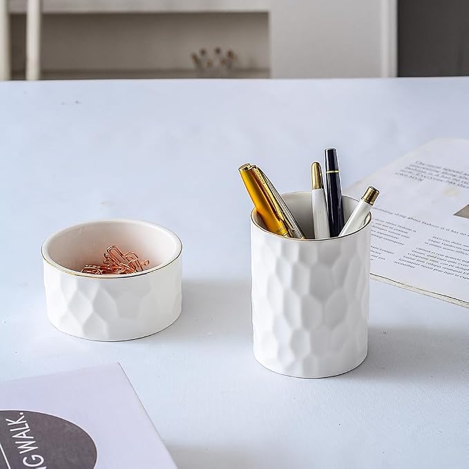 Aesthetic Desk Organizer Set of 2 For Office, Ceramic Pen Holder and Paper Clip Holder Dispenser, Cute Pencil Cup Pot for Desk, Desktop Accessories, Office Decor for women men Ideal Gifts (White Set)