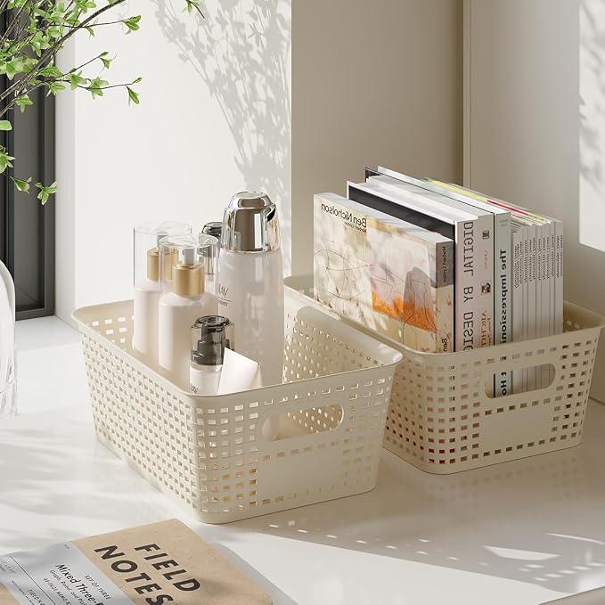 Resze 6 Pack Plastic Breathable Storage Baskets with Lids, White | Organizer Bins& Containers for Pantry, Desktops, Cabinet, Closet, Offices Organization Toys, Space Saving, Easy-Carry Handles