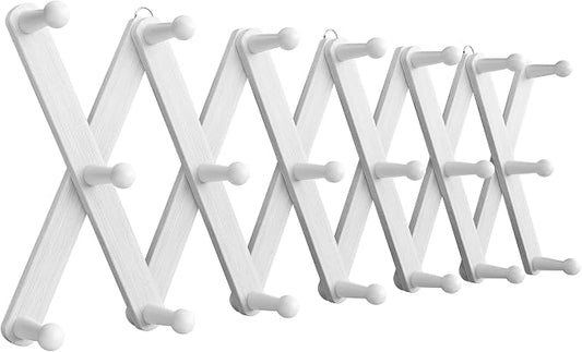 Accordion Wall Hanger, Hat Rack for Wall with 20 Coat Hooks, Expandable Hat Hangers Organizer, Vintage Decorative Coat Rack Wall Mount for Purse, Mug(White)