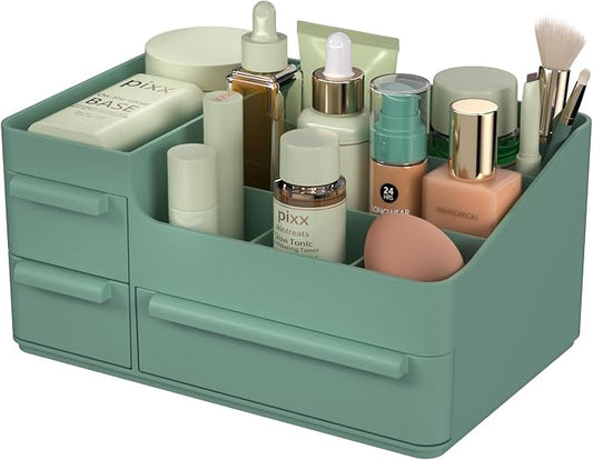 Green Makeup Organizer Countertop for Vanity: Bathroom Counter Storage | Multi Compartment Skincare Box with Drawer for Desktop Dresser Table