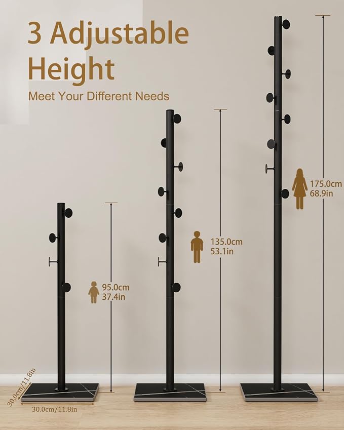 Clothes Rack Freestanding, Coat Tree with 8 Hooks, Black | Small Standing Cloth Hanger with Heavy Rock Slab Base, Modern Metal Garment Rack with 8 Hooks for Bedroom, Office