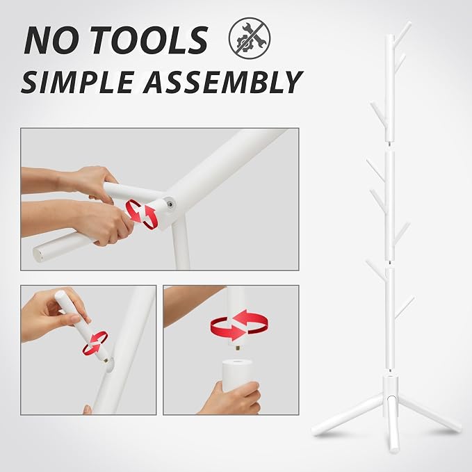 Unisakey 8-Hook Freestanding Wooden Coat Rack 3 Adjustable Heights White | Stable Triangular Base for Safety,Durable Construction,Simple Tool-Free Assembly,Ideal for Bedroom Hallway Office Entryway