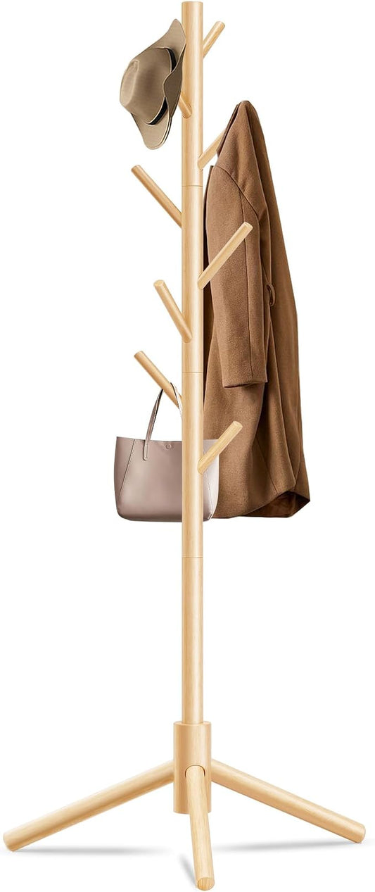 Unisakey 8-Hook Freestanding Wooden Coat Rack 3 Adjustable Heights Nature | Stable Triangular Base for Safety,Durable Construction,Simple Tool-Free Assembly,Ideal for Bedroom Hallway Office Entryway