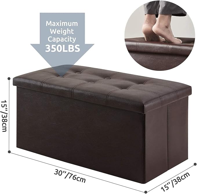 YOUDENOVA 30" Ottoman with Storage, Folding Faux Leather Bench, Brown | Foldable ottoman with hidden storage, padded faux leather seat for living room, bedroom and entryway.
